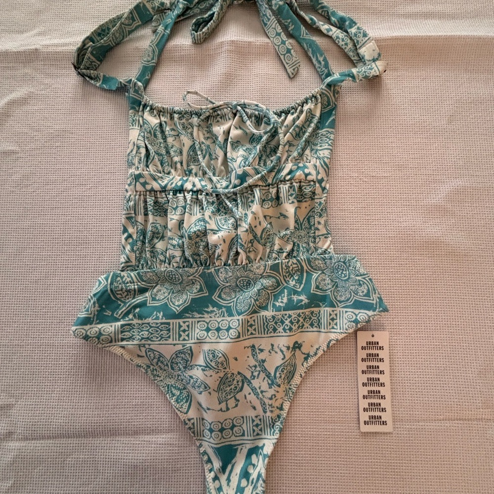 Urban Outfitters Teal and Cream Floral Halter One-Piece Swim